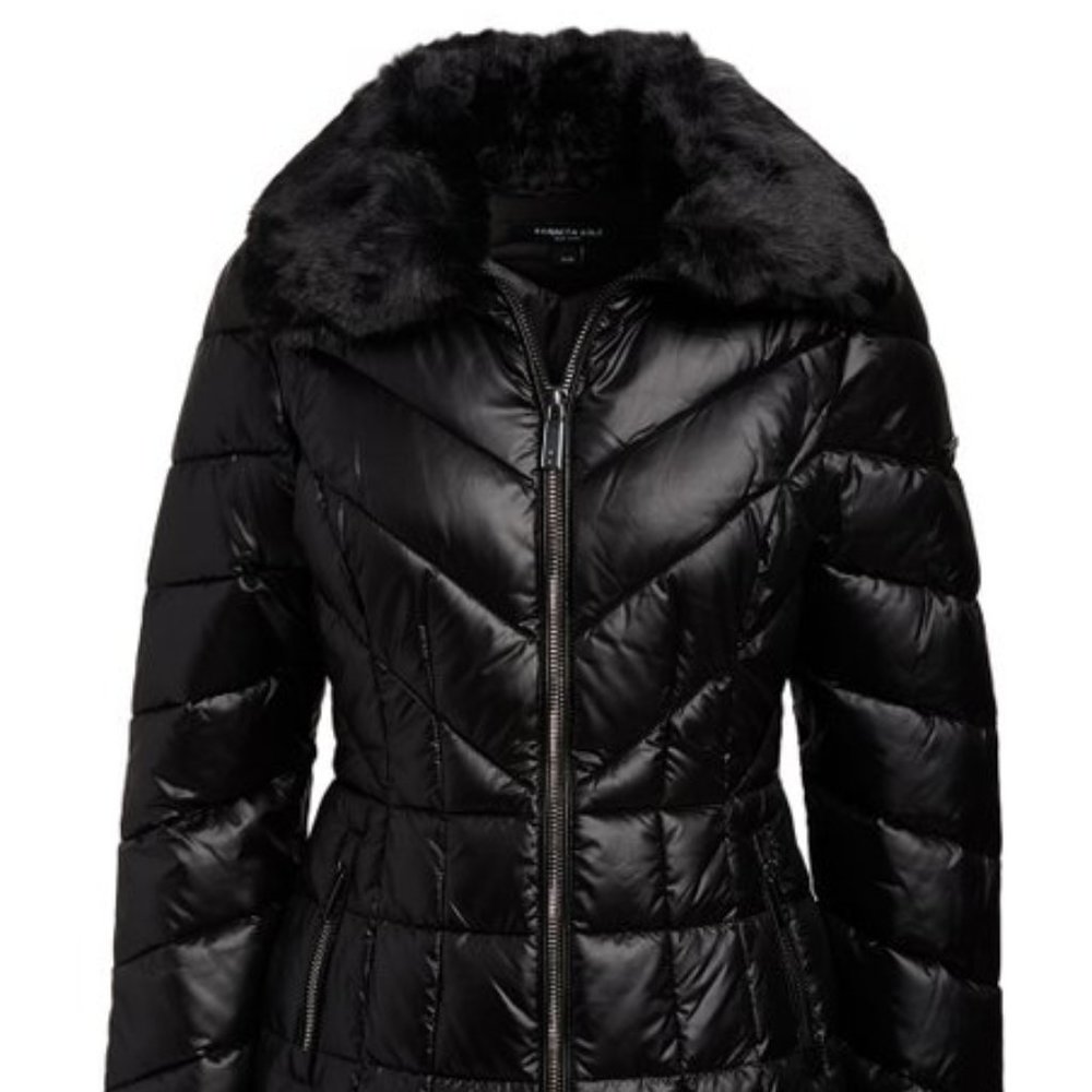 NWT Kenneth Cole Black Quilted Mid Length Down Puffer Coat Faux Fur Collar XS